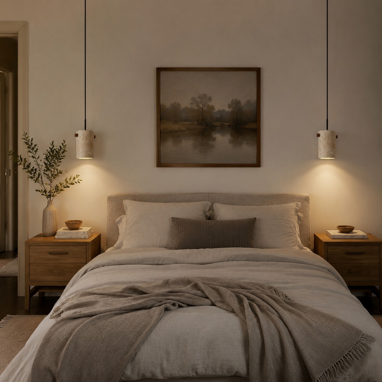 Two travertine pendants above a bedroom bed