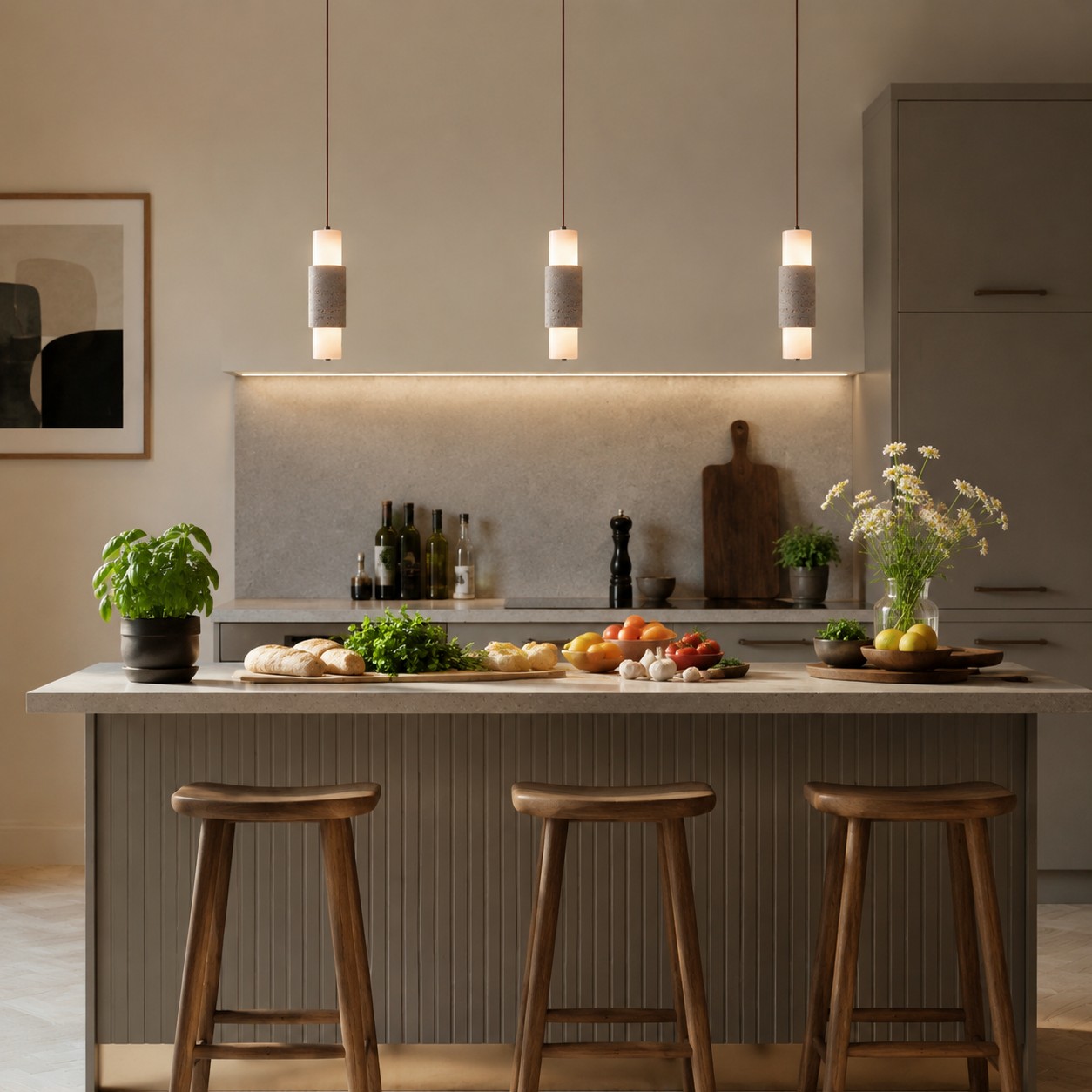 Three travertine cylinder pendants in a kitchen island scene