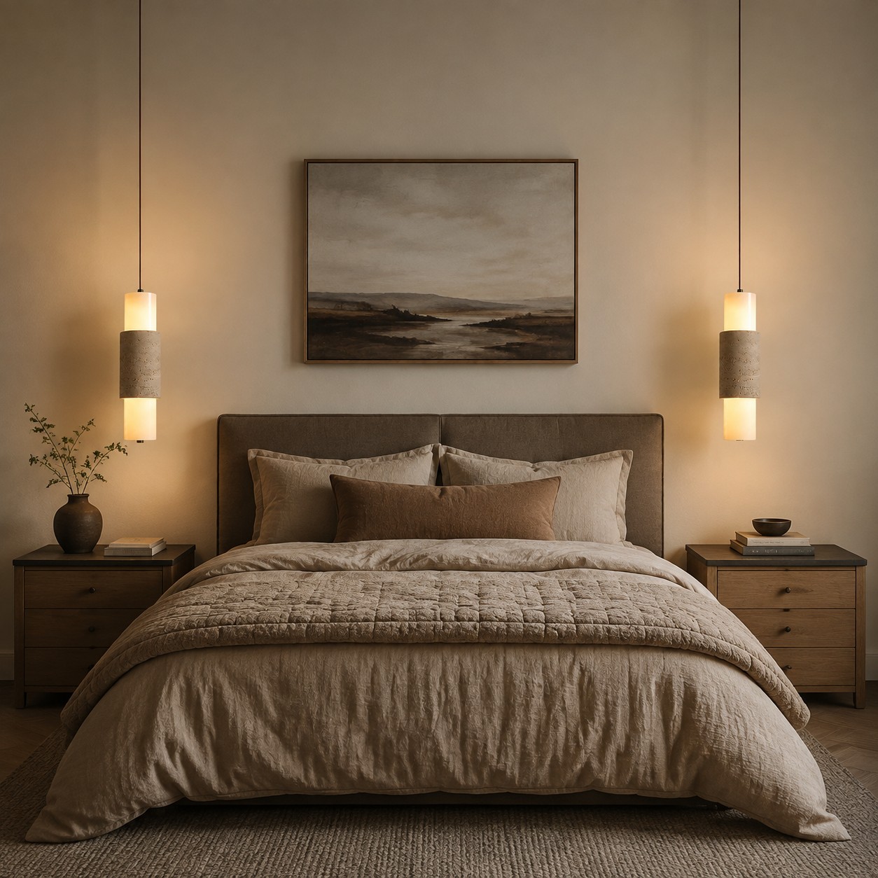 Bedroom scene with two travertine pendants flanking the bed