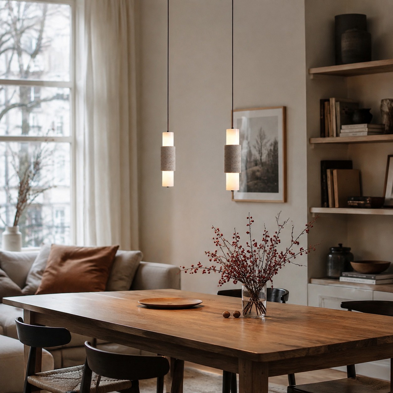 Dining room scene with two yellow travertine pendant lamps