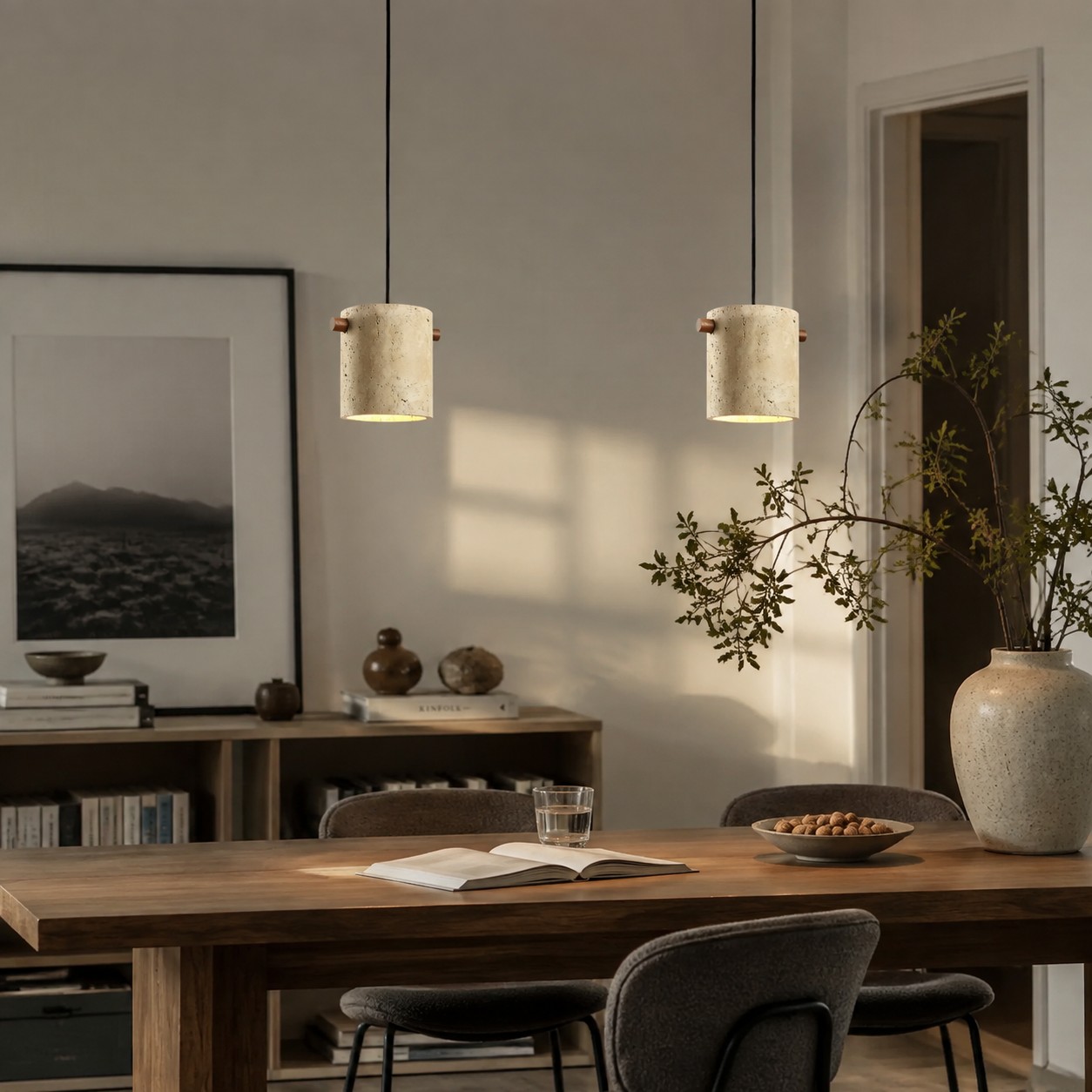 Two travertine pendant lights in a dining work area