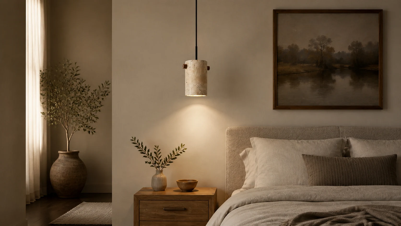 Wabi-Sabi Travertine Cylinder Pendant Light in a warm interior
