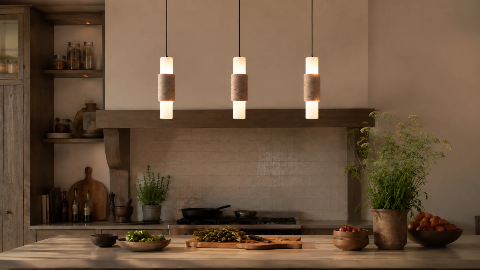 Yellow travertine cylinder pendant lamp in a warm interior scene