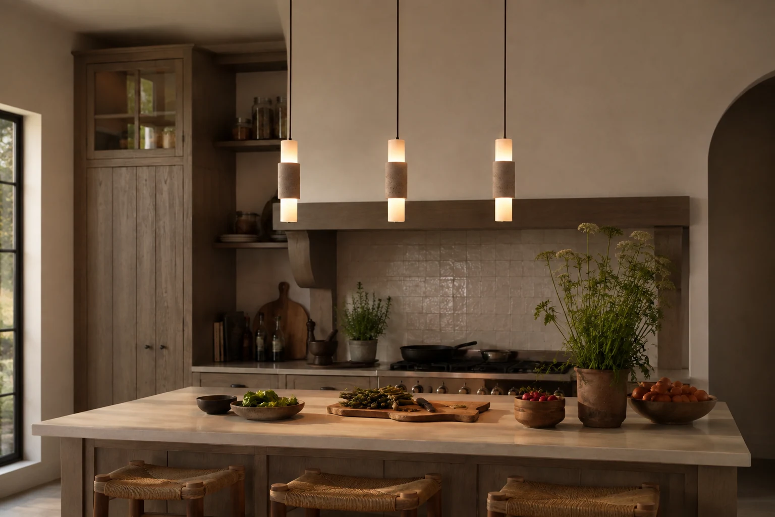 Yellow travertine cylinder pendant lamp in a supplemental lifestyle room scene