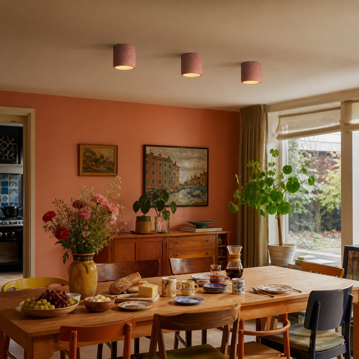Meerdere baksteenrode plafondlampen boven een tafel