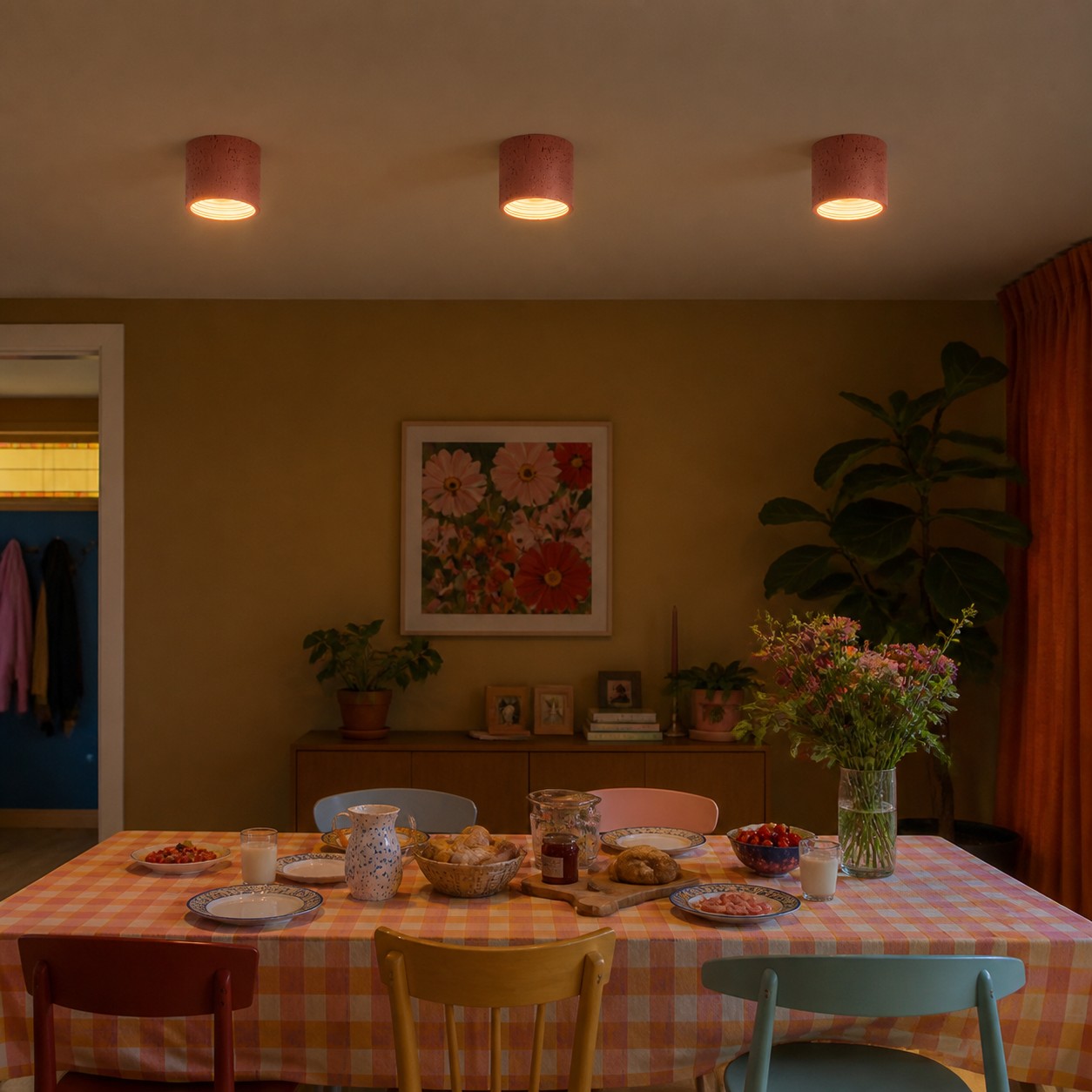 Wabi-Sabi plafondlamp boven een eettafel