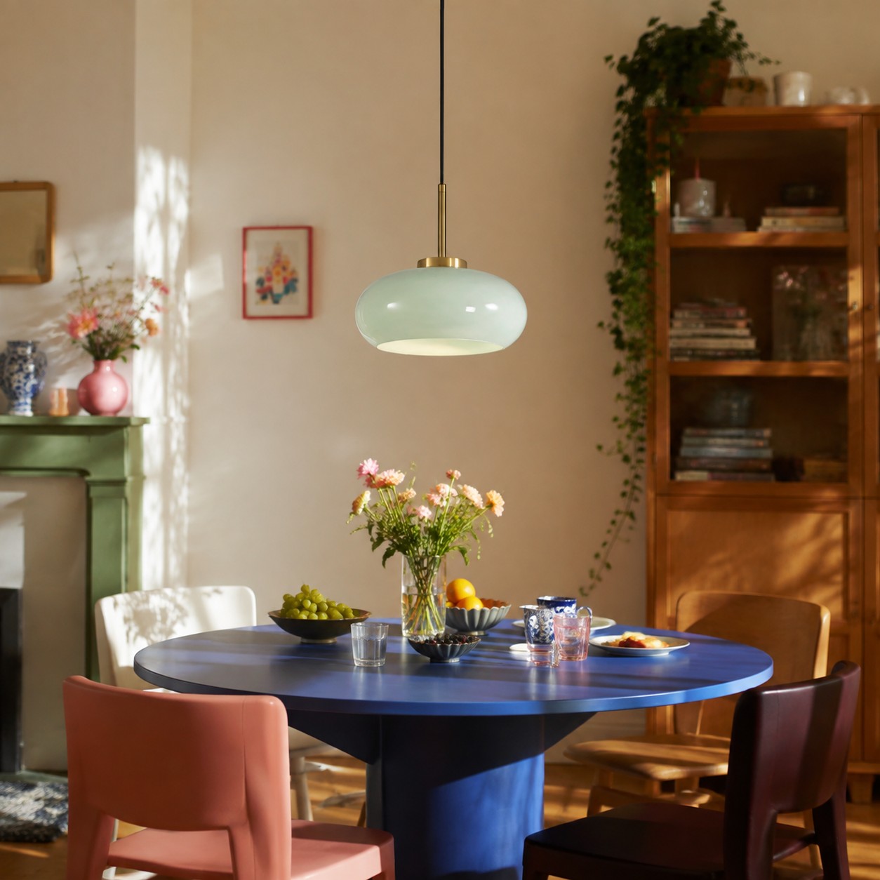 Suspension au-dessus d'une table bleue
