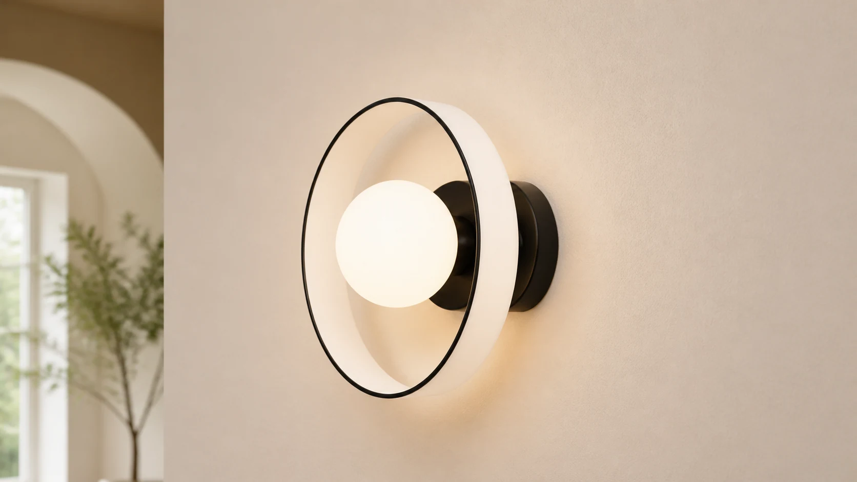 Kalo glass and metal orb wall and ceiling light in a modern interior