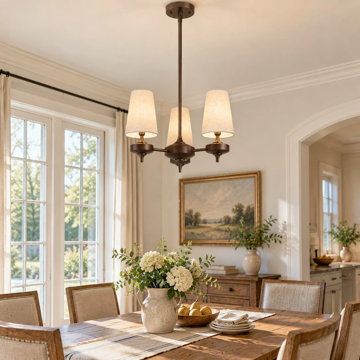 Three-light Hour Rho chandelier in a dining room