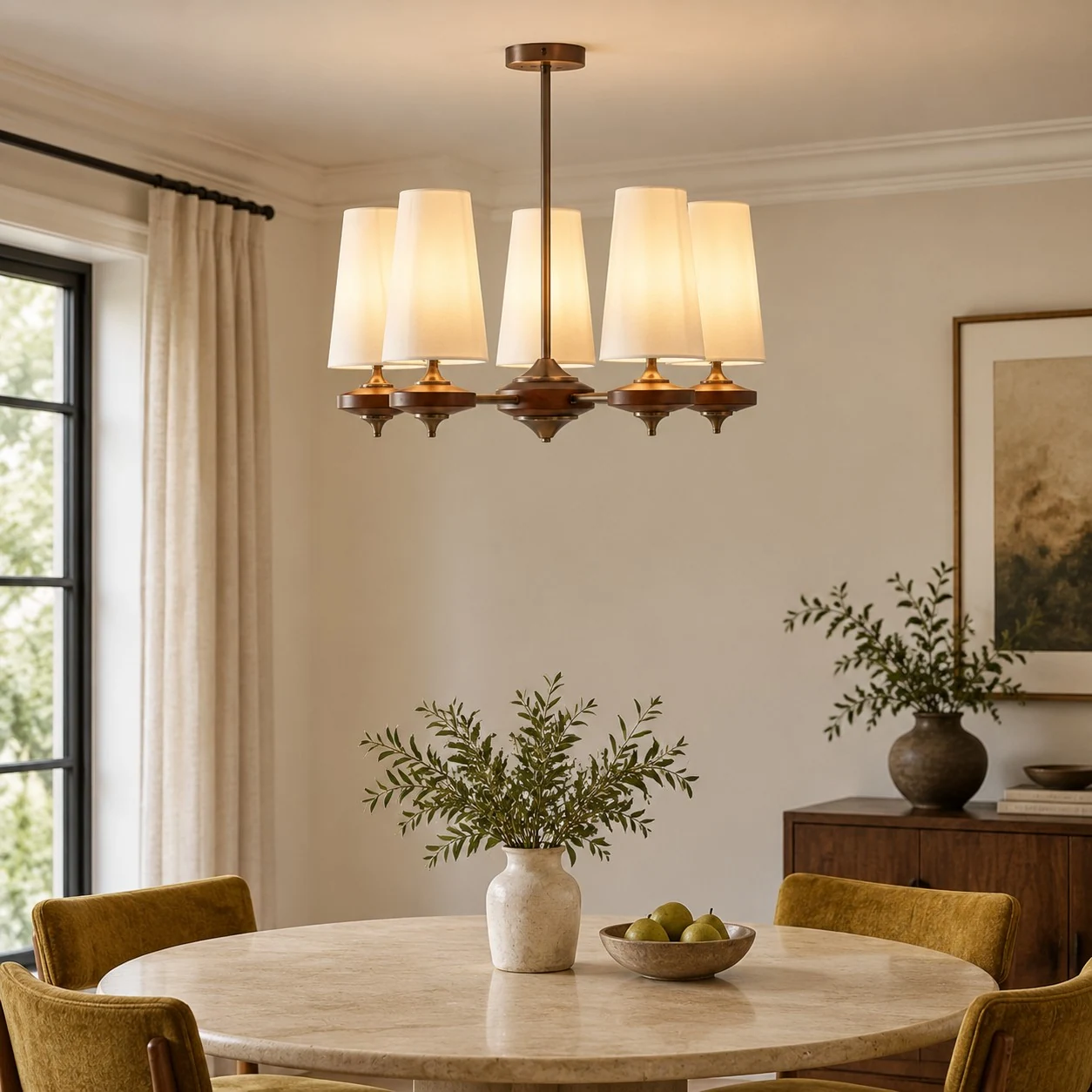 Five-light Hour Rho chandelier above a dining table