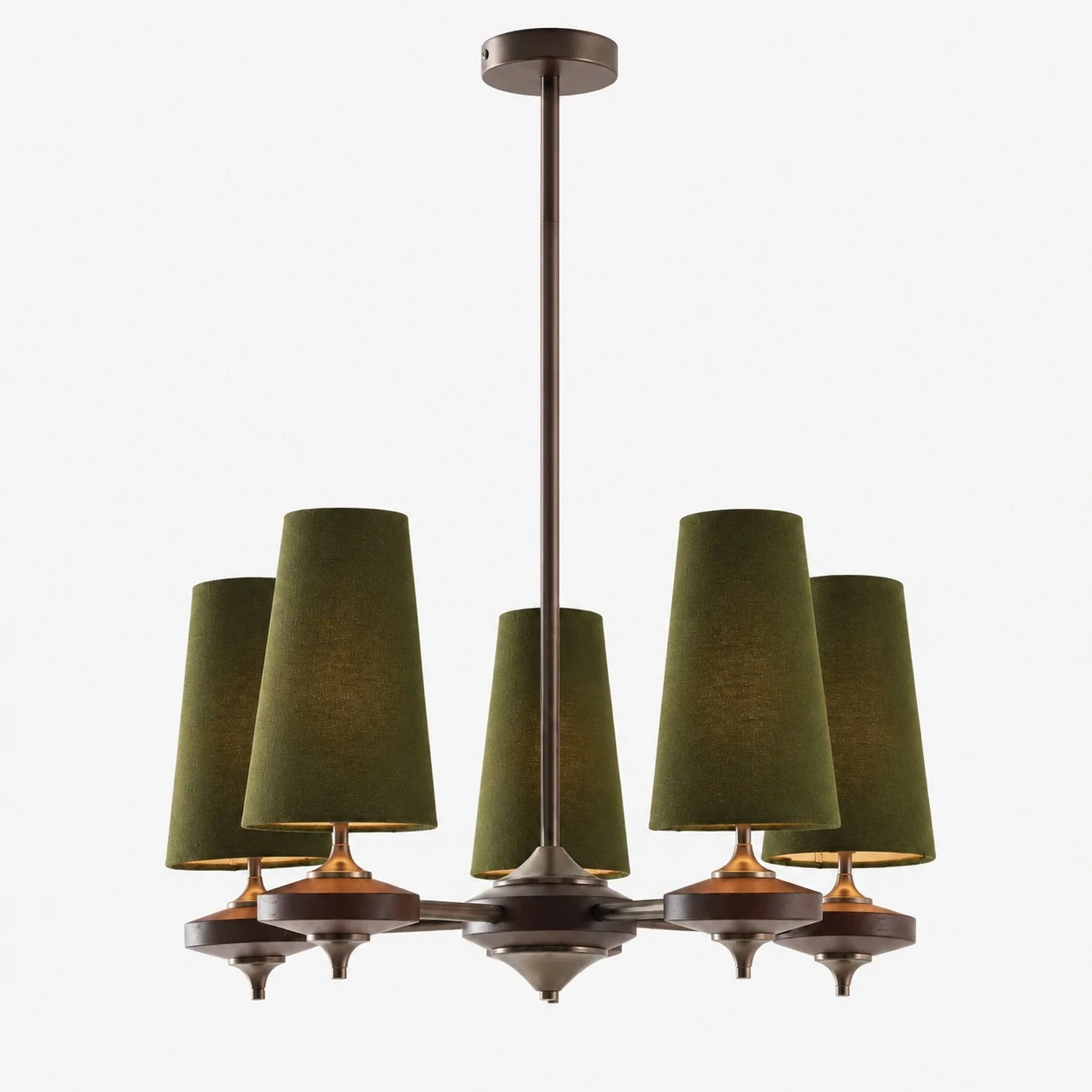 Hour Rho chandelier with green velvet shades, 5 lights
