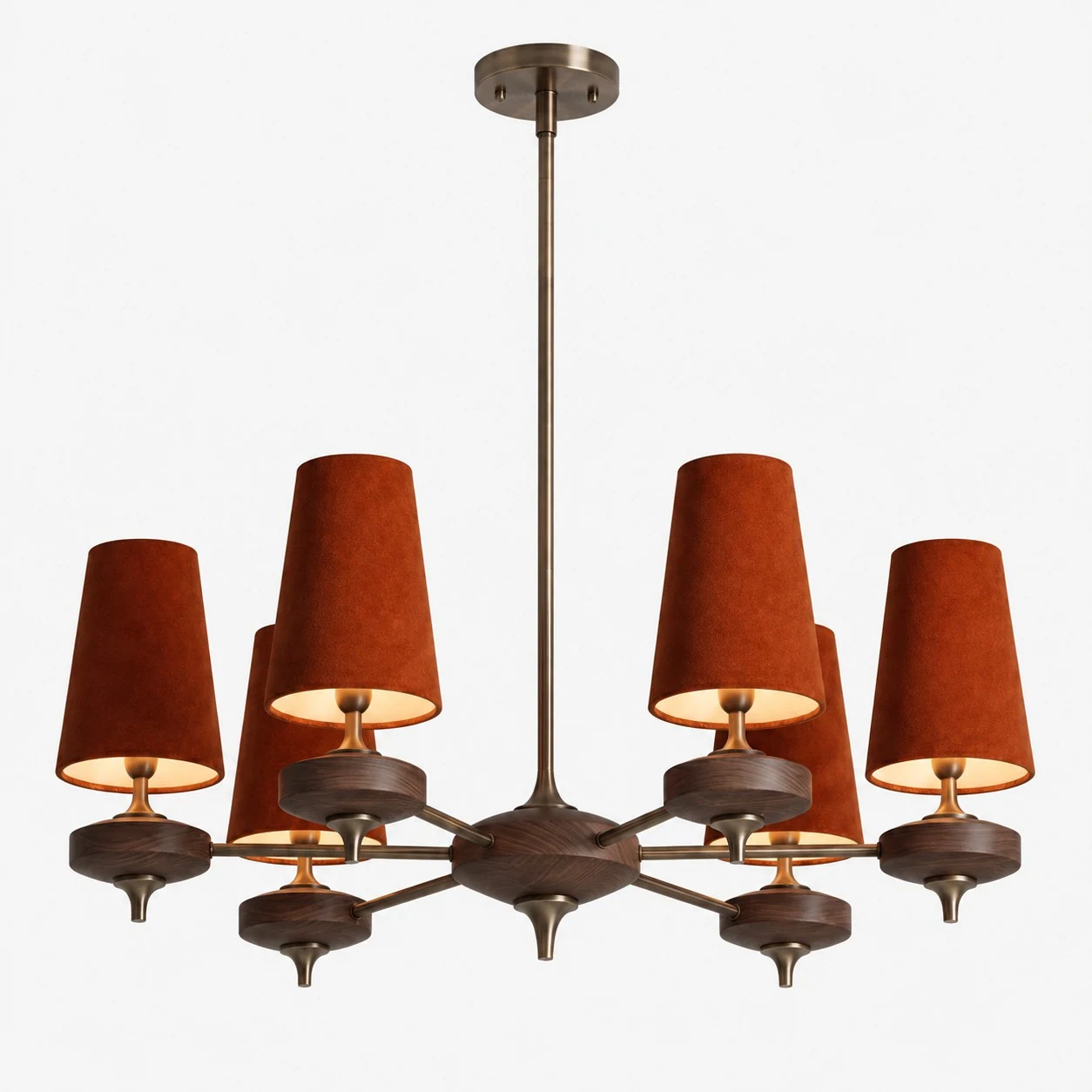 Hour Rho chandelier with red velvet shades, 6 lights