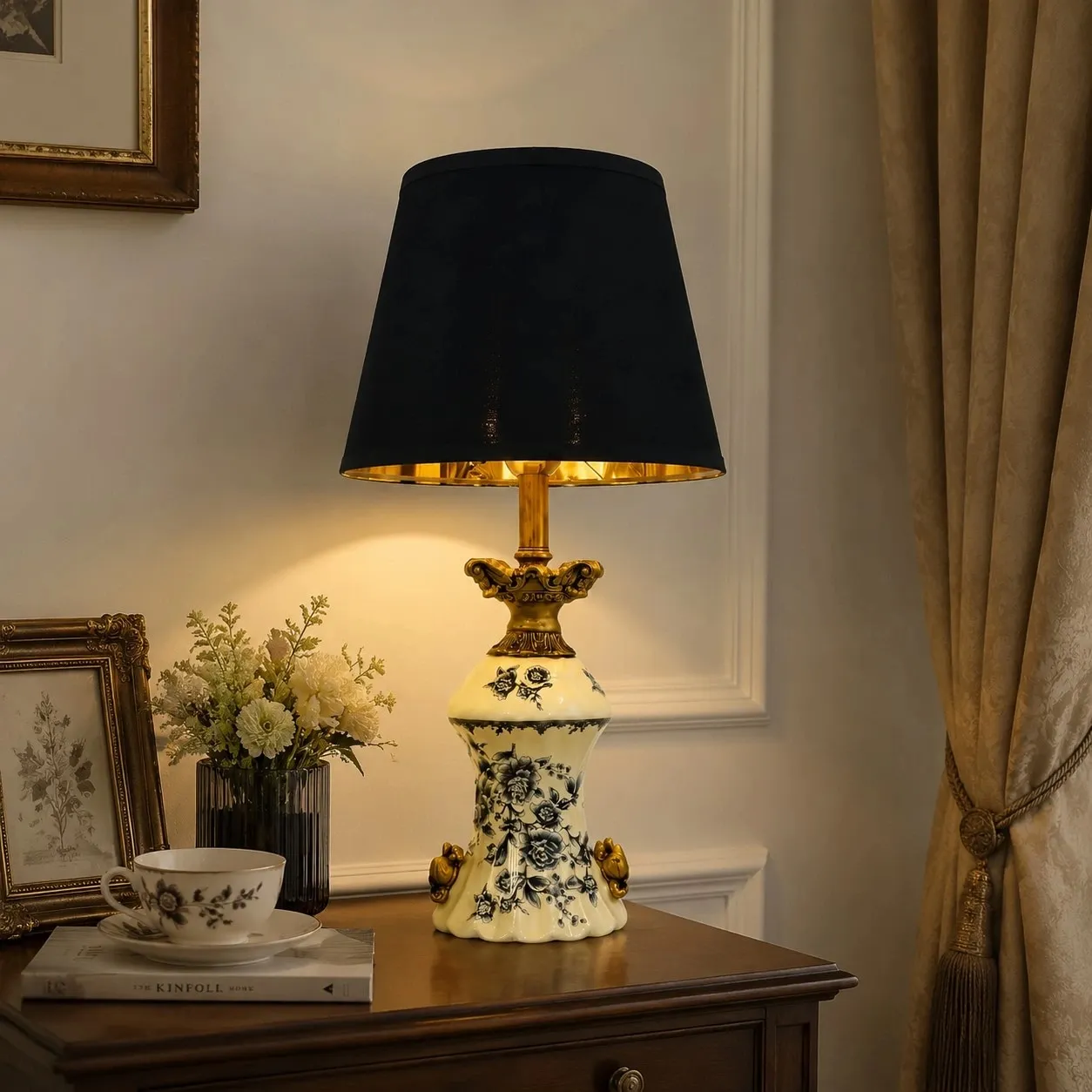 Blue porcelain motif table lamp on a classic side table