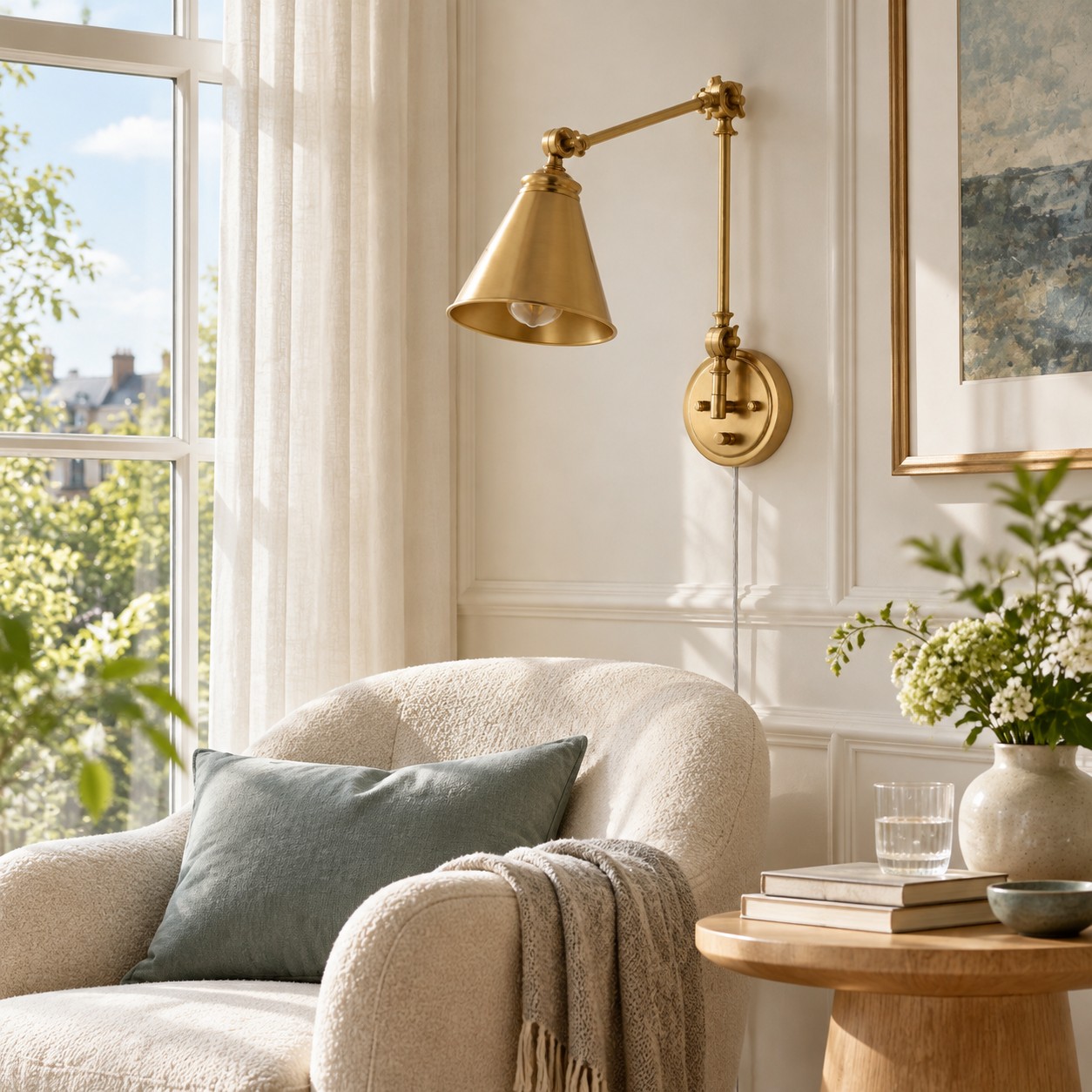Gold swing-arm sconce beside a living-room chair