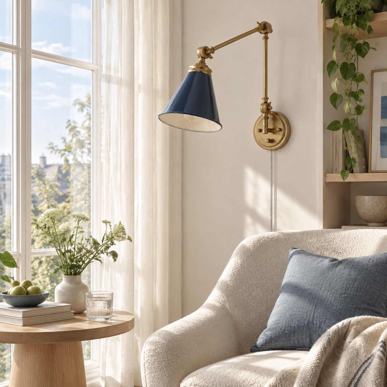 Blue cone shade on a gold swing arm beside a chair