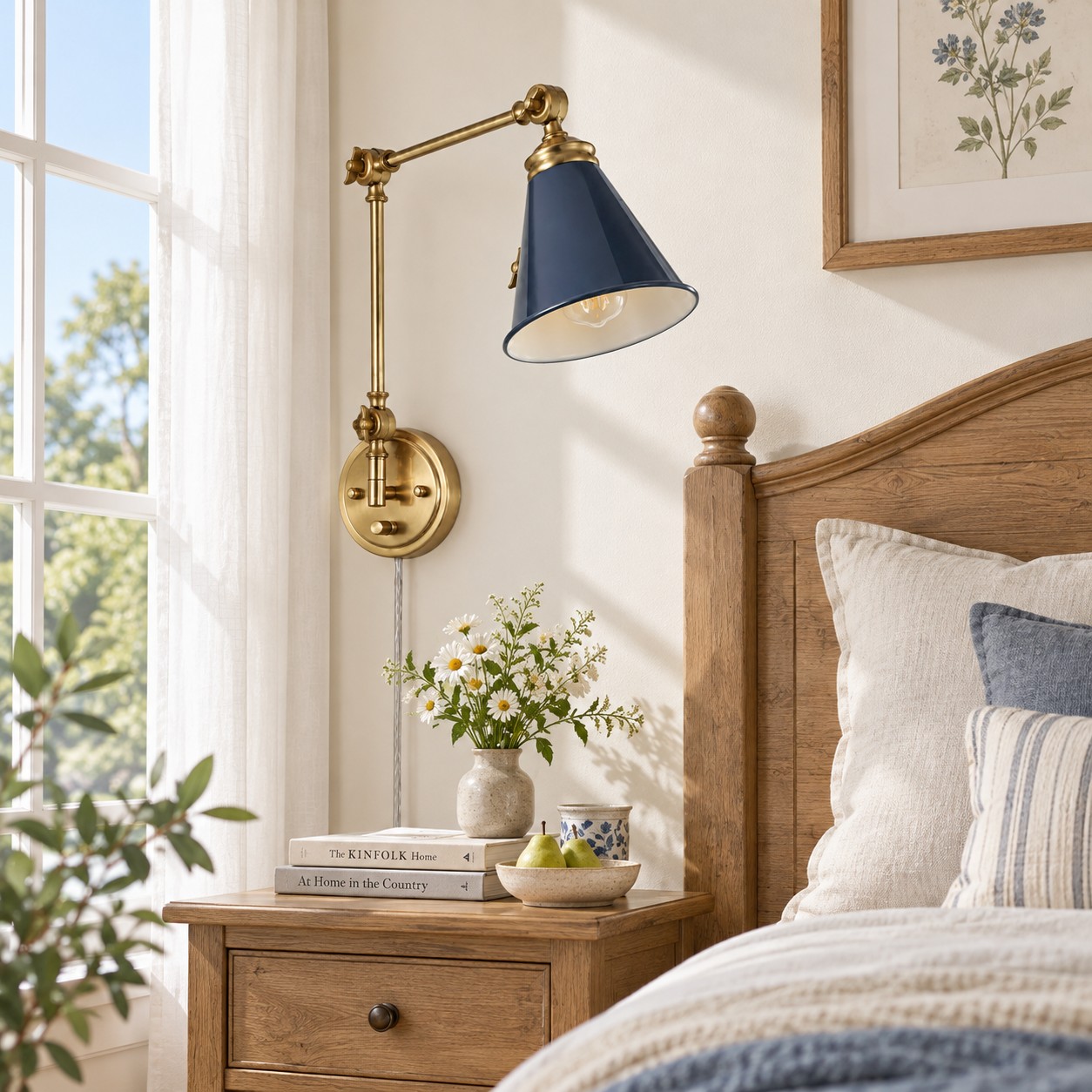 Blue cone shade on a gold swing arm beside a bed