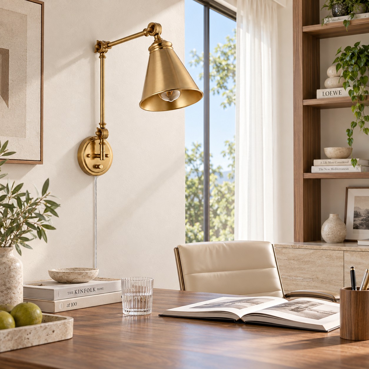 Gold swing-arm sconce above a desk in daylight
