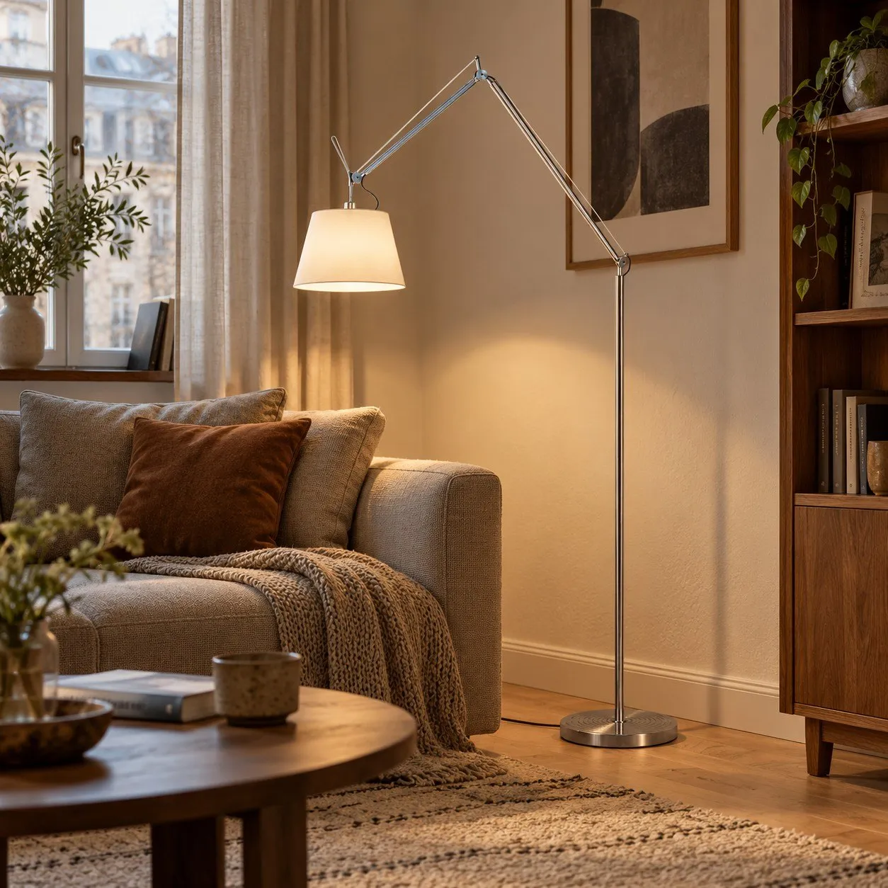 Silver and white floor lamp beside a sofa
