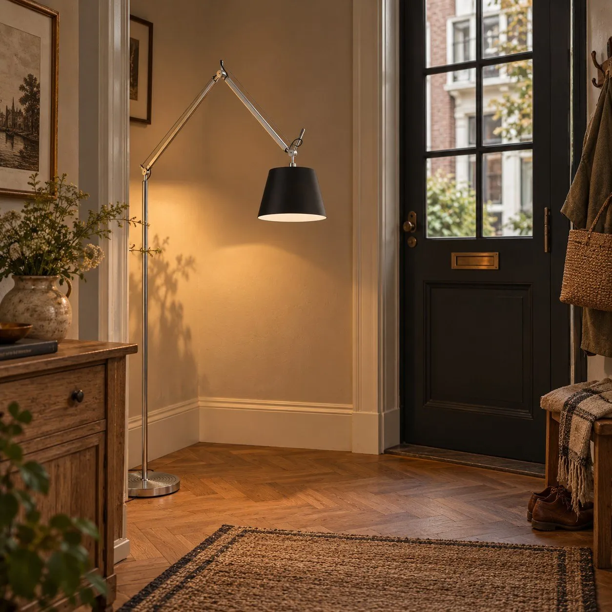 Side view of the silver and black floor lamp