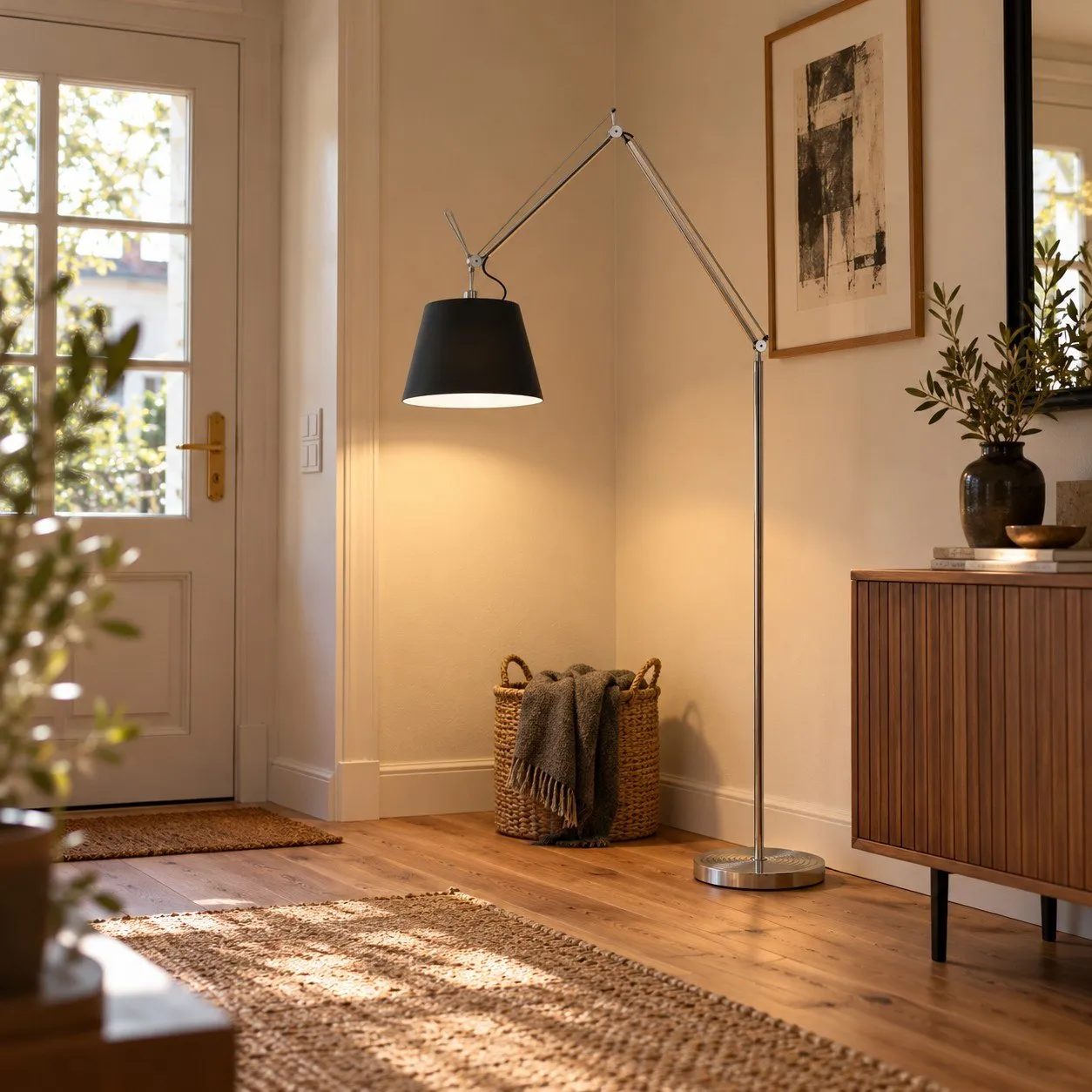 Silver and black floor lamp in a corner