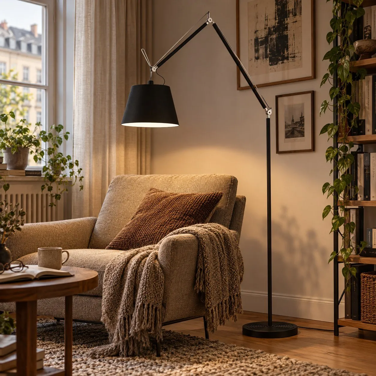 Black floor lamp beside a reading chair