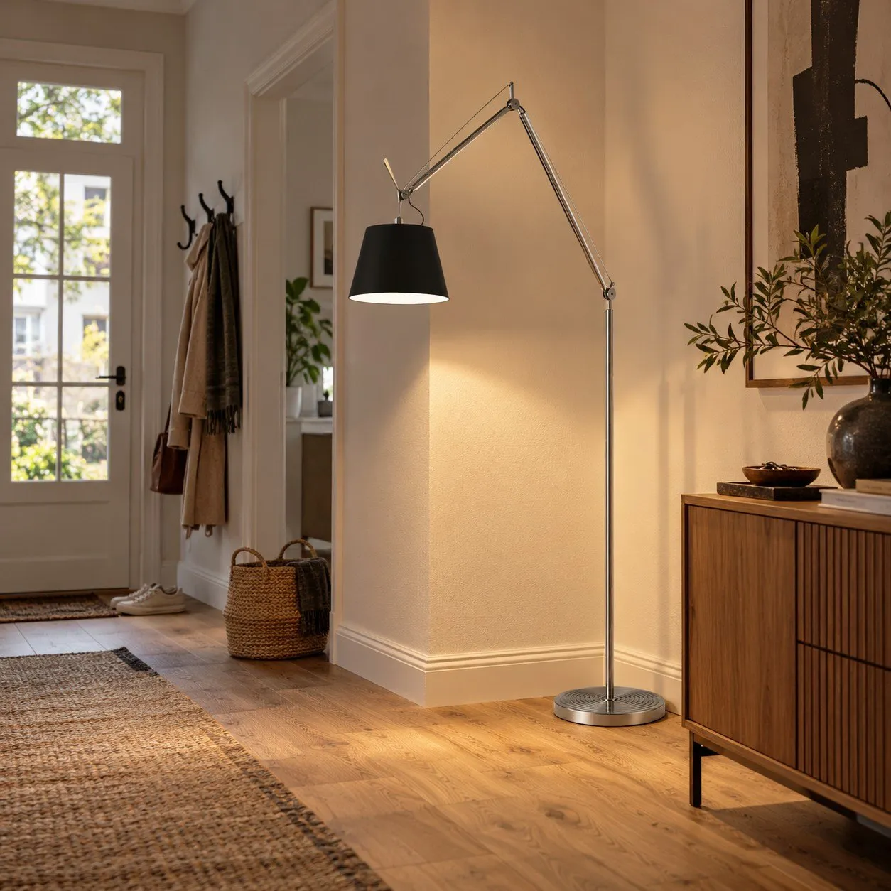Silver and black floor lamp near an entry