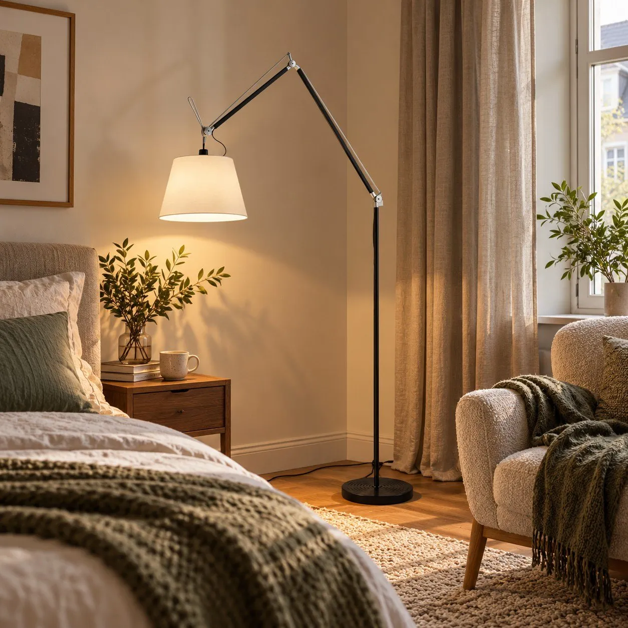 Black and white floor lamp by a window