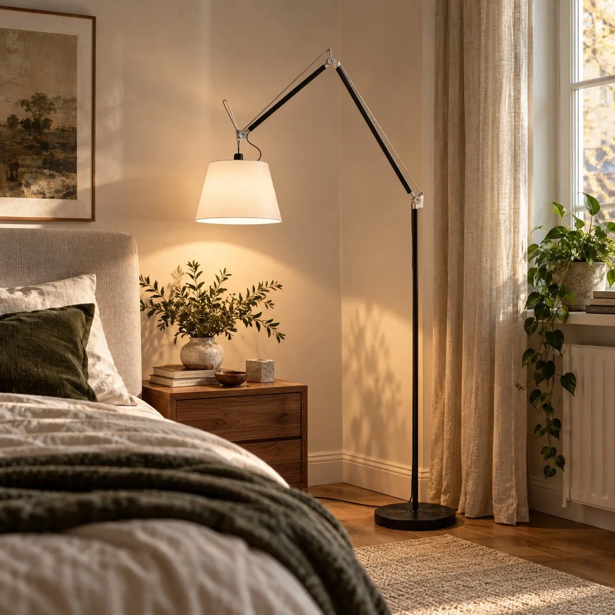 Black and white floor lamp beside a bed