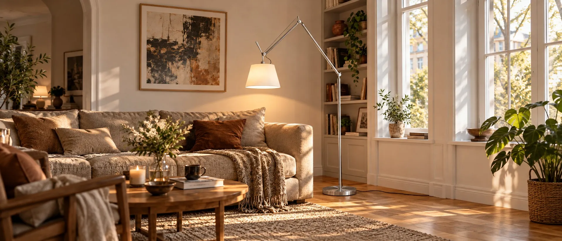Lampadaire en aluminium argenté avec abat-jour blanc en tissu, près d'un canapé
