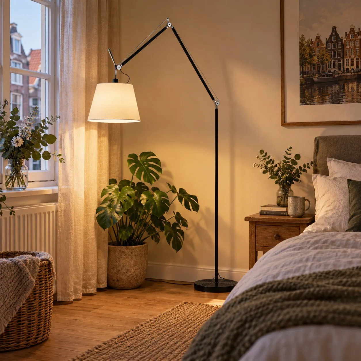 Black and white floor lamp in a bedroom