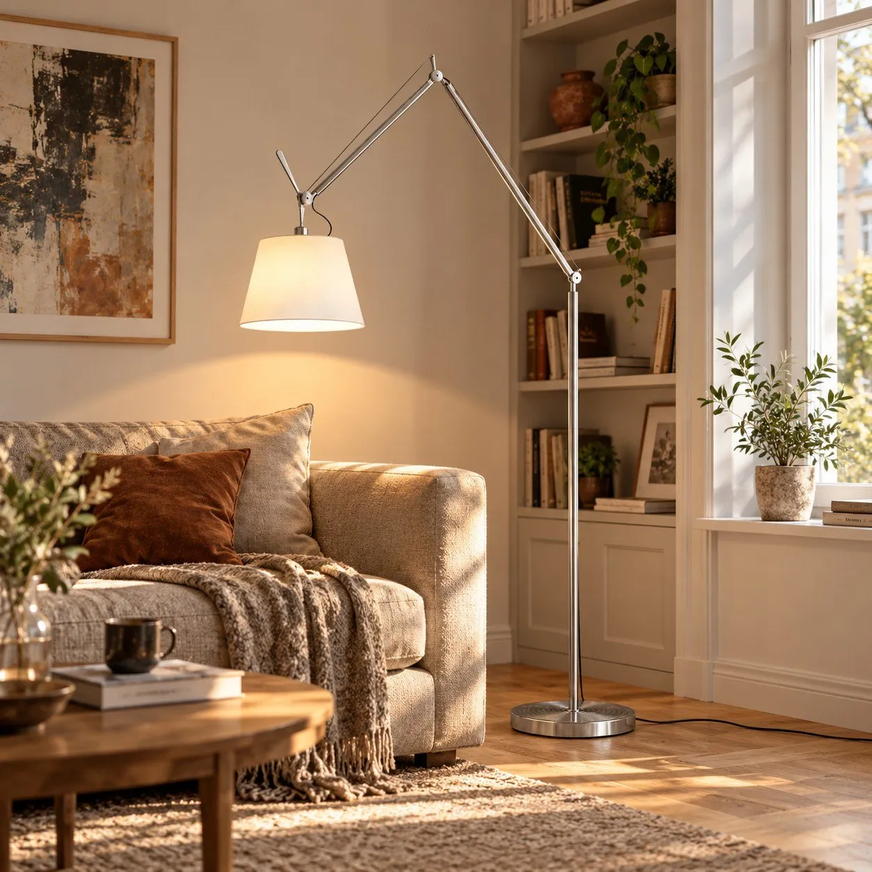 Silver and white floor lamp in a living room