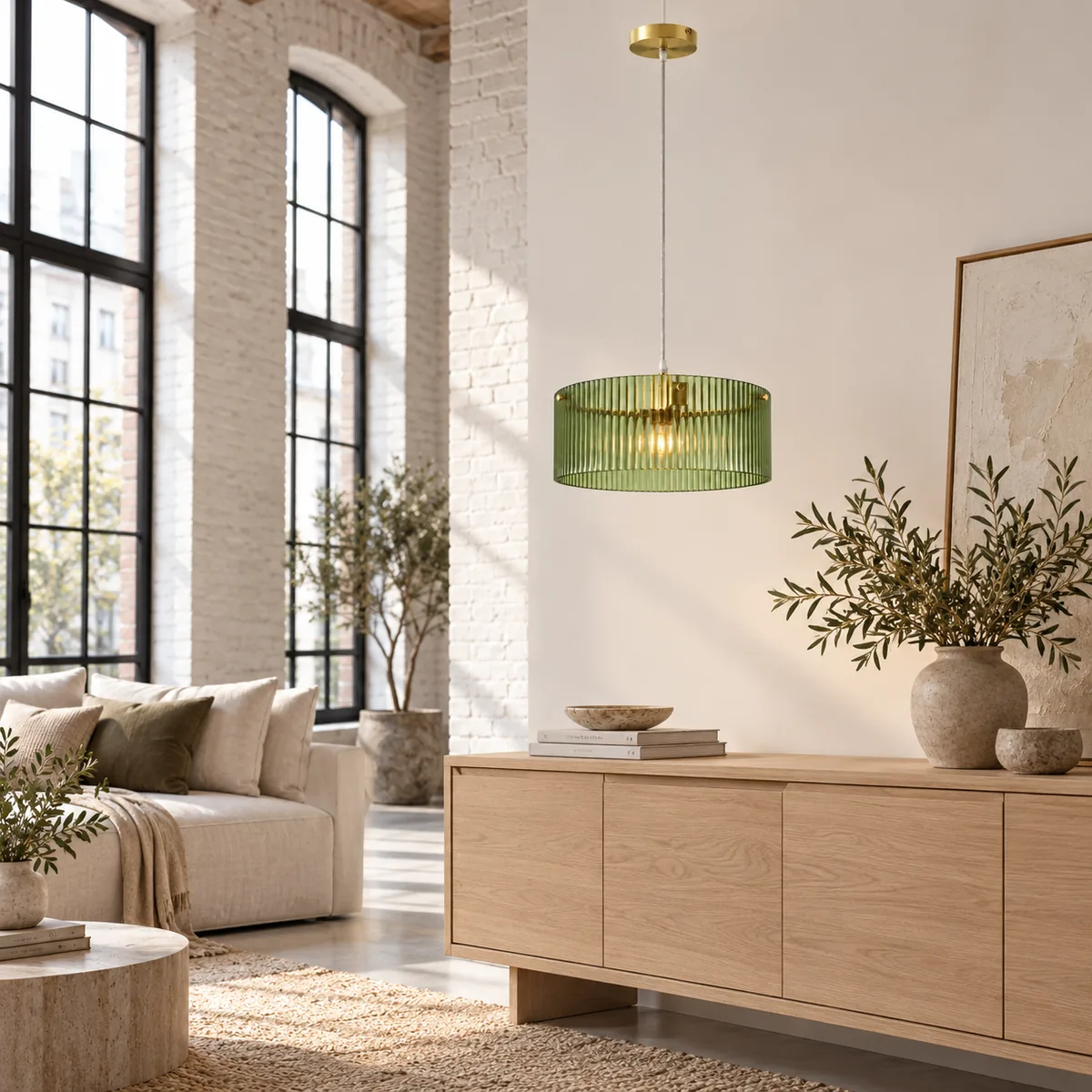 Studio Pendant with a Ribbed Drum Shade