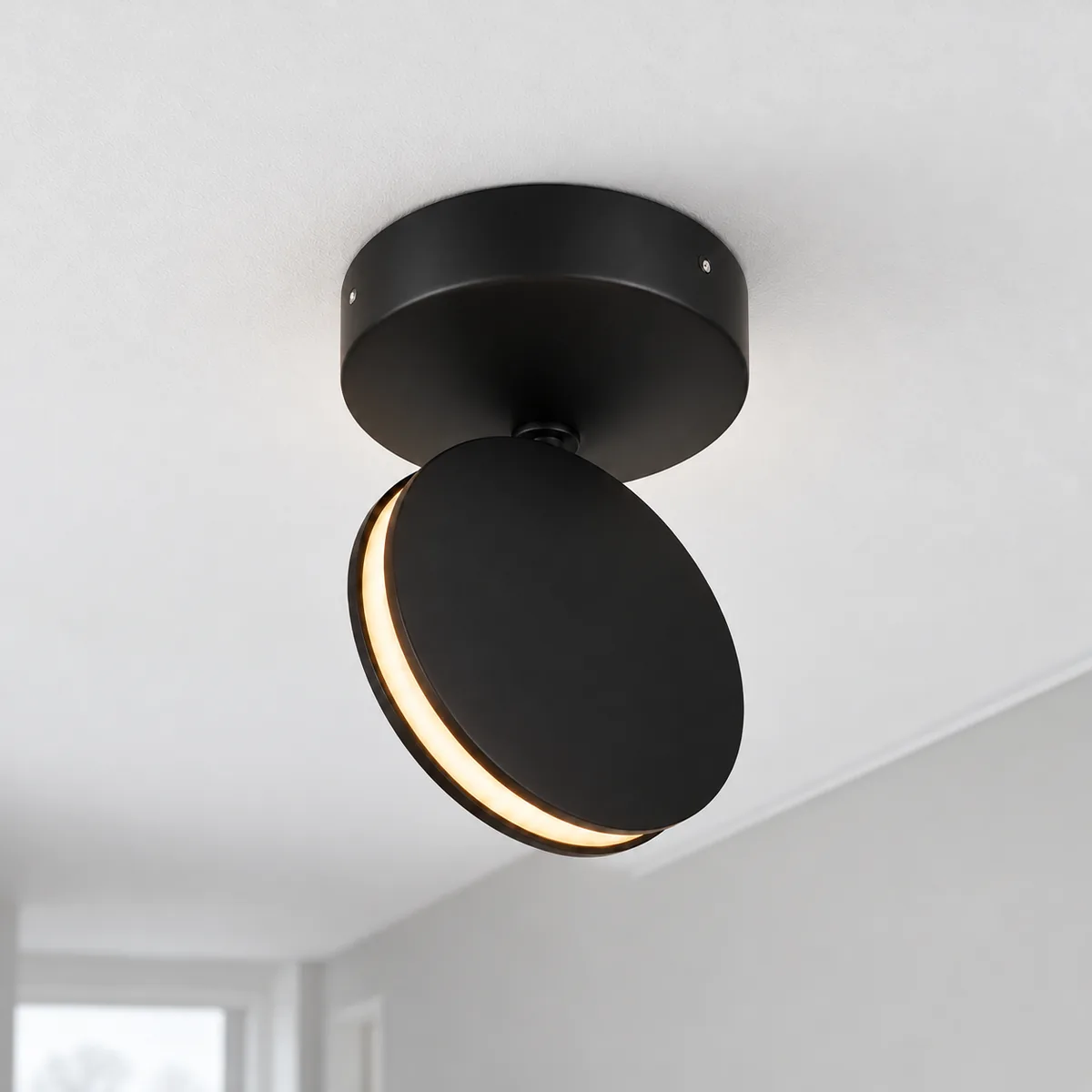 Black aluminium disc LED mounted on the ceiling